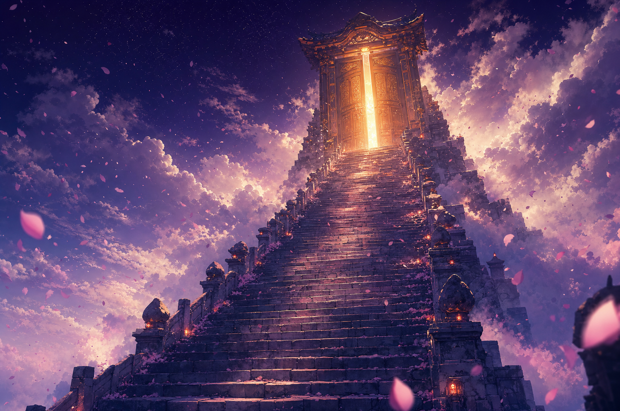 A stone stairway ascending through twilight clouds toward a glowing door